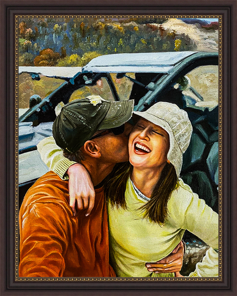 Oil painting of a couple on an off-road ride, man kissing woman's cheek